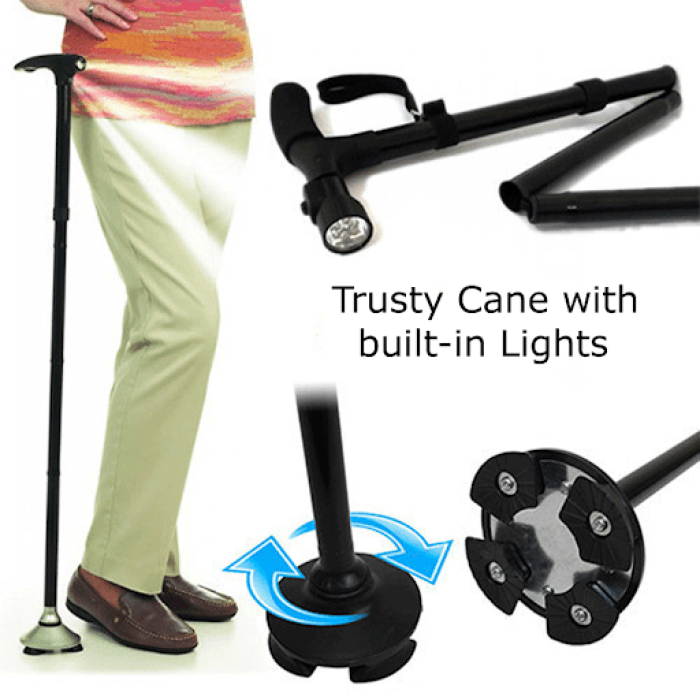 Trusty Cane - Sturdy Folding Walking Triple Head With Built in Lights - Fordable Walking Stick